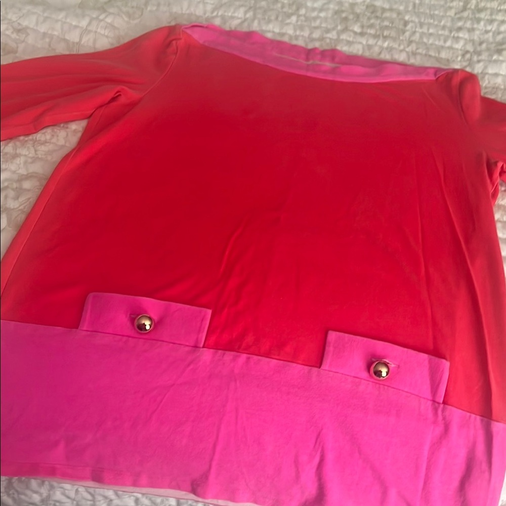 Kate Spade Red and Pink Long Sleeve Top with Gold Button Accents